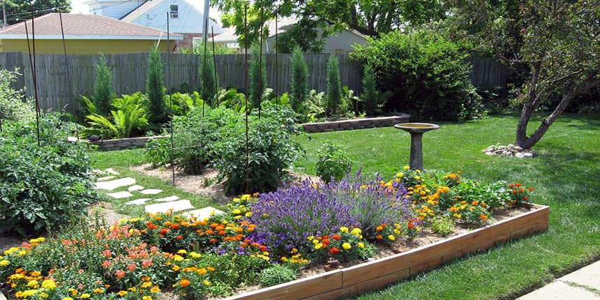 Lush backyard garden bed filled with colorful flowers, green plants and a birdbath