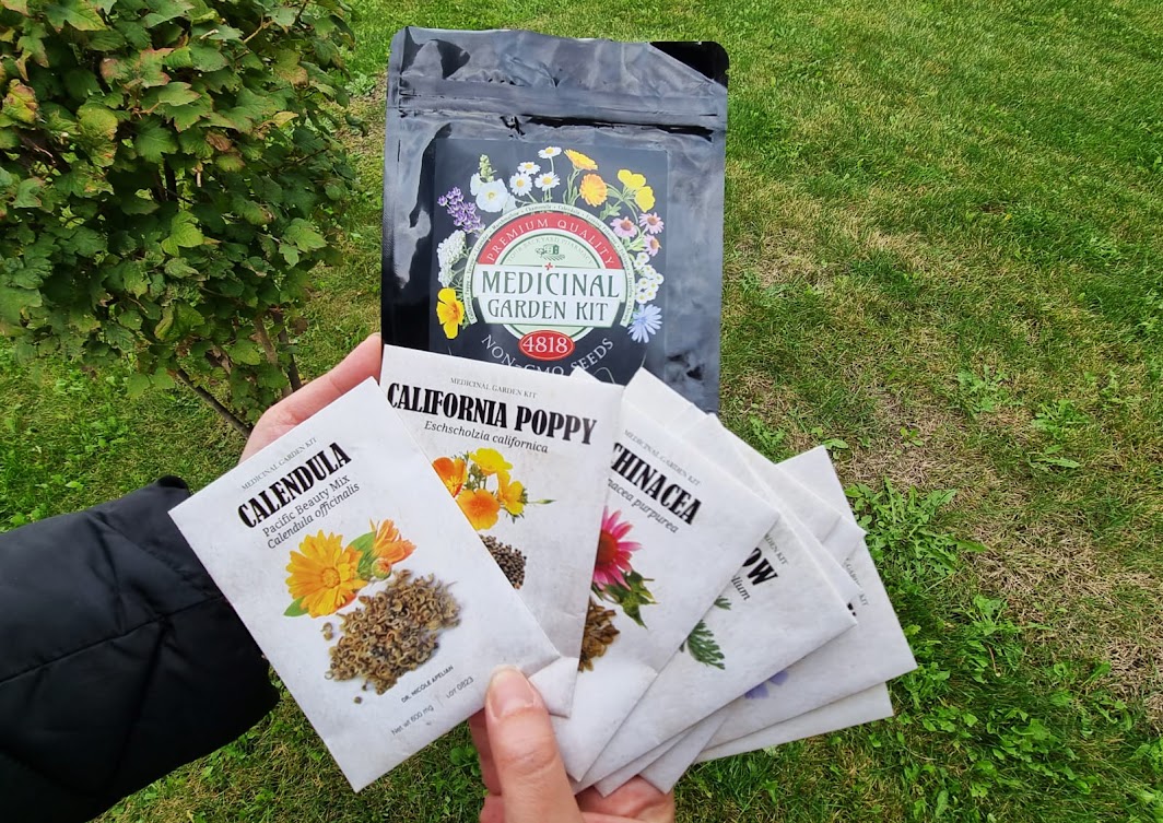 Medicinal Garden Kit seed packets featuring different flowering plants