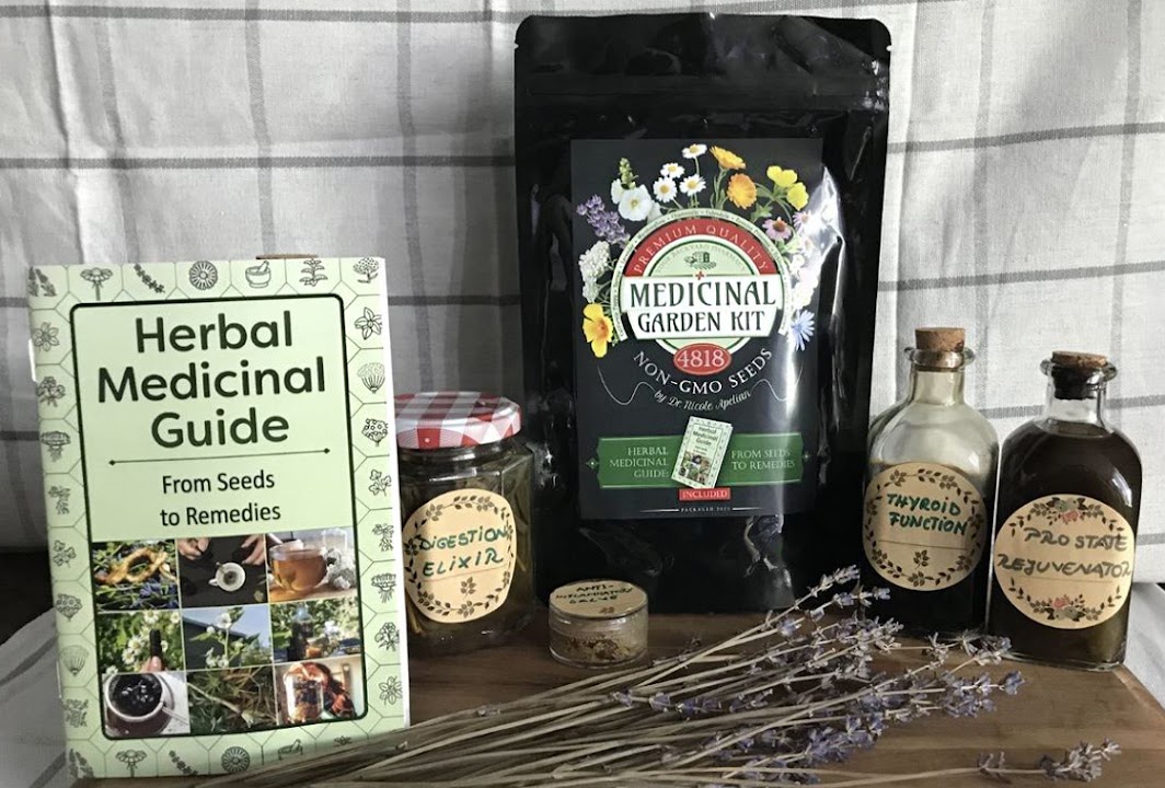 Medicinal Garden Kit seed pouch, herbal preparations and gardening guide